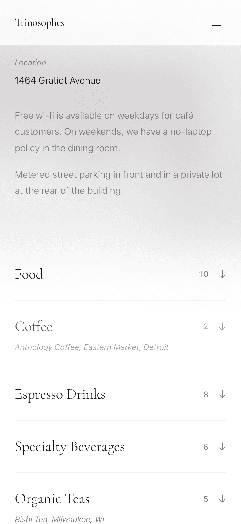 Trinosophes live menu, updated through Saystage