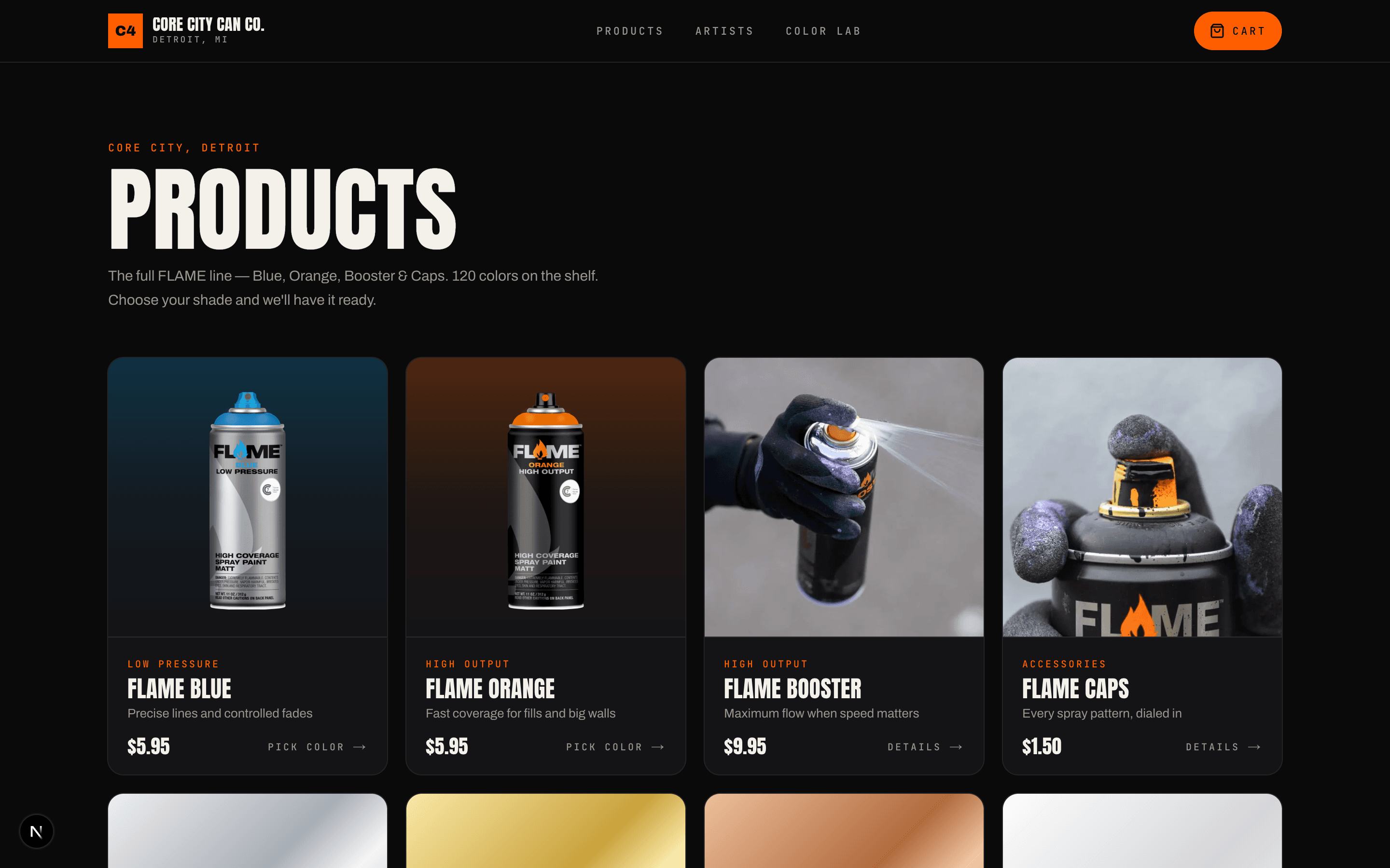 C4 products page with the FLAME lineup and specialty cans