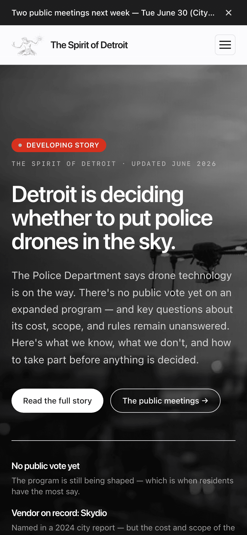 The Spirit of Detroit mobile homepage