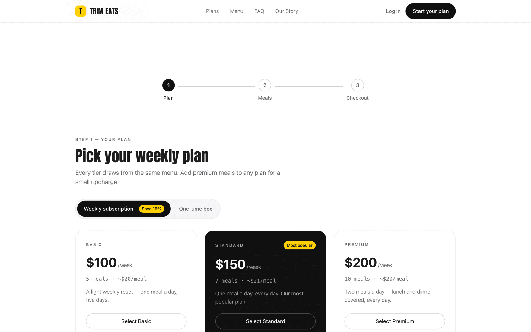 Trim Eats weekly plan selection with three pricing tiers